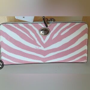 COACH PAYTON ZEBRA ACCORDION ZIP AROUND CONTINENTAL WALLET PINK/CREAM LEATHER